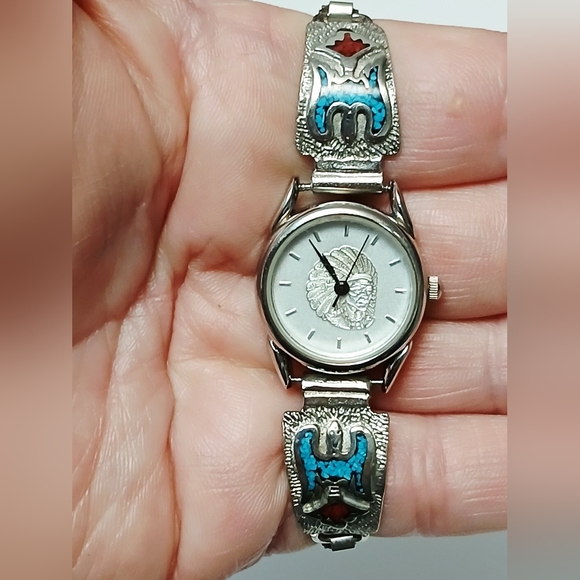 Ladies Solid Silver Navajo Inlaid Turquoise/Coral Thunderbird Indian-head Watch main image 4